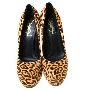 YSL Brown Leopard Print Calf Hair Tribtoo Platform Pumps Size 37